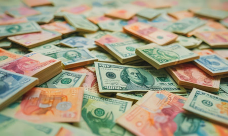 Money background - many different banknotes of different denominations of the worldの素材