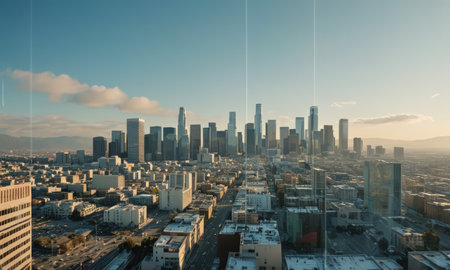 Aerial view of downtown Los Angeles skyline at sunset, California, USA.の素材