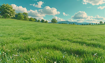Green meadow with blue sky and white clouds. Nature background.の素材