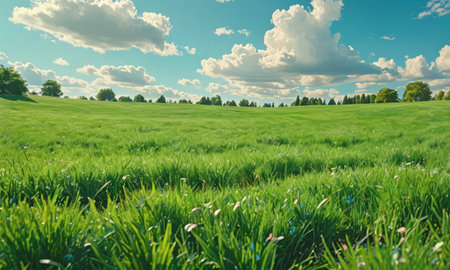Green meadow and blue sky with white clouds. Nature background.の素材