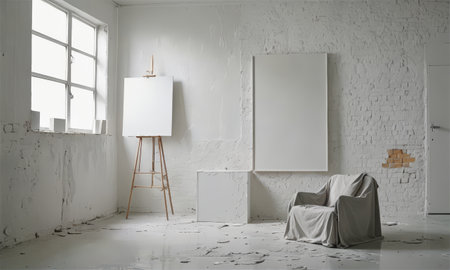 interior of a white room with an armchair and an easelの素材