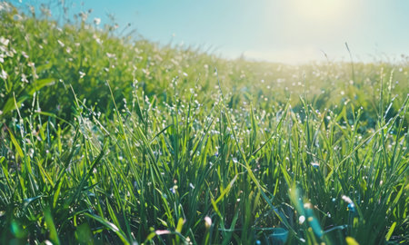 Green grass in the meadow on a sunny day. Natural backgroundの素材