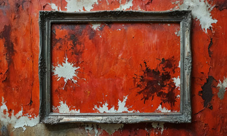 Old picture frame on grunge red wall, abstract background with copy spaceの素材