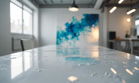 blur image of modern meeting room with white table and abstract paintingの素材
