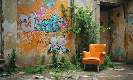 Old orange armchair in an abandoned building with graffiti on the wallの素材