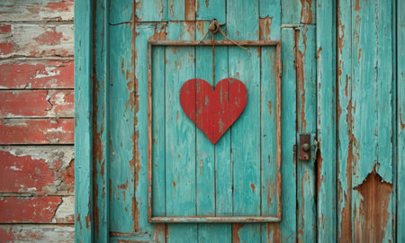 Wooden door with red heart on it. Valentine's Day backgroundの素材