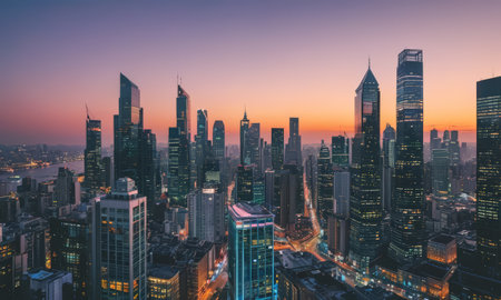 Aerial view of skyscrapers in Dubai at sunset, UAEの素材