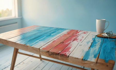 Wooden table and cup of coffee on blue wall background, closeupの素材