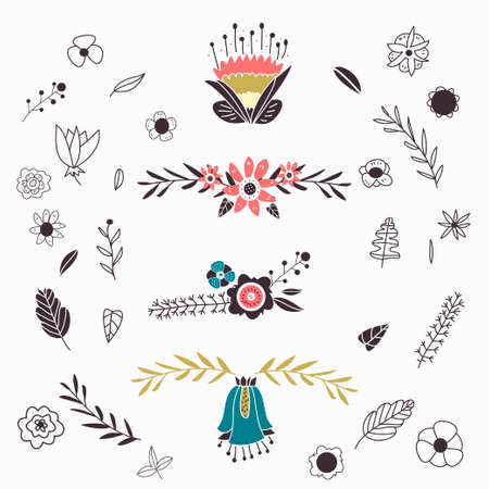 Set of isolated hand drawn floral elements, frames and borders. Great as a design elements for greeting cards, wedding invitations, posters and other productsのイラスト素材