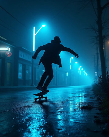 Cinematic image of a skateboarder riding at night on a wet street illuminated by blue neon lights. Action movement, freedom, urban sports and cyberpunk street style.の素材