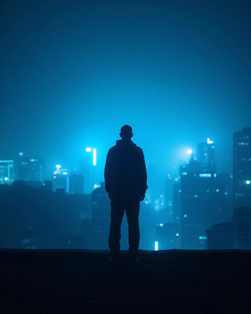 Silhouette standing on rooftop overlooking blue night city skyline with cinematic lighting.の素材