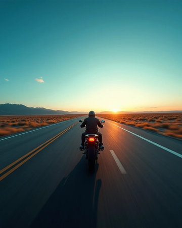 Motorcyclist rides on the road in the desert at sunset.の素材