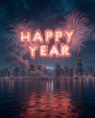 Happy new year written with Sparkle firework over night cityscapeの素材