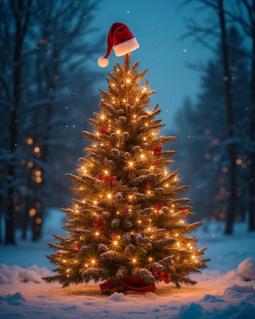 Christmas tree in the winter forest with Santa Claus hatの素材