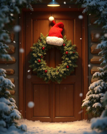 Christmas wreath on the door of a wooden house.の素材