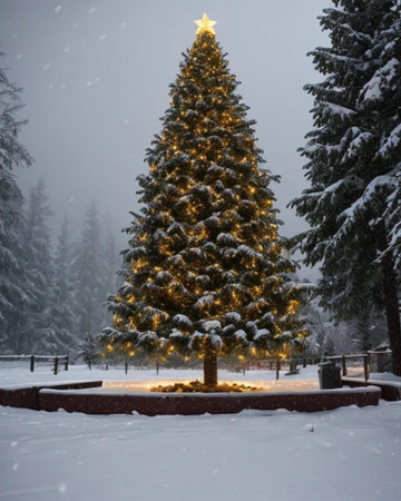 Beautiful Christmas tree in the park under the snowfall in winterの素材