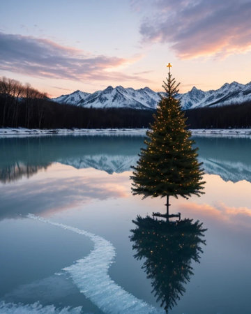 Beautiful winter landscape with lake and christmas tree at sunset.の素材