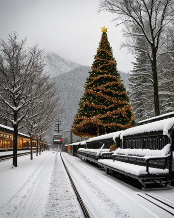 Christmas tree and train on the background of snow-covered mountains.の素材