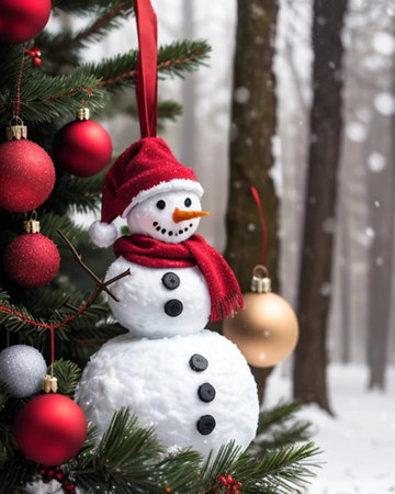 Snowman on the Christmas tree. Christmas and New Year background.の素材