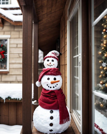 Snowman on the porch of the house in a red scarf and hatの素材