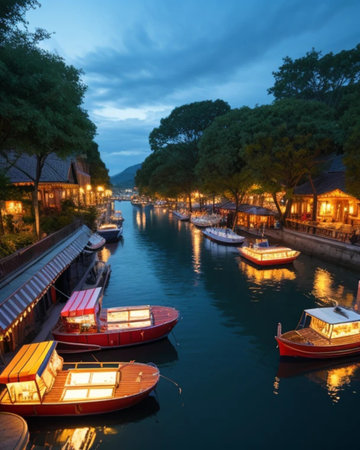 Night view of the canal with boatsの素材