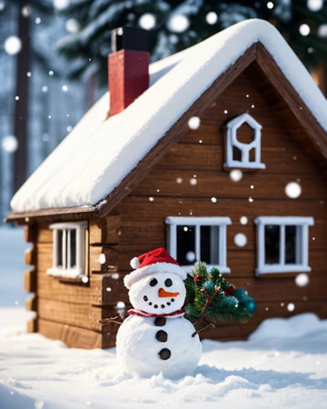 Snowman with Christmas tree in front of a wooden house in the forestの素材
