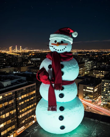 snowman on the roof of a skyscraper in the night cityの素材