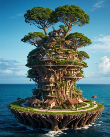 Tropical island in the sea with a house on a rockの素材