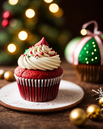 Red velvet cupcake with christmas baubles on wooden backgroundの素材