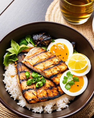 Salmon teriyaki with rice and egg.の素材