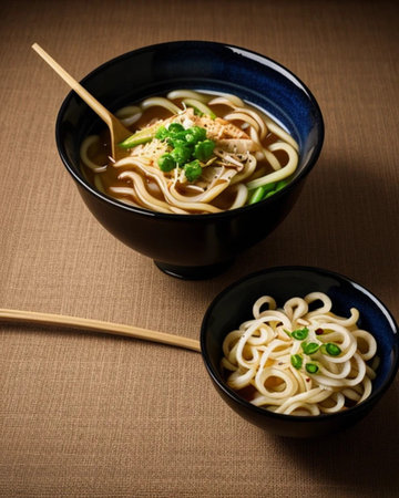 ramen noodle soup with chopsticks on brown backgroundの素材