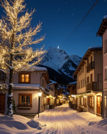 Mountain village at night with christmas lights and snowの素材