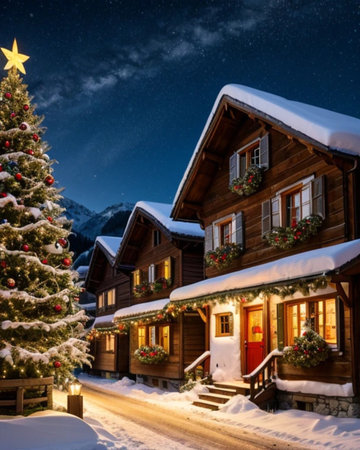 Traditional wooden houses and christmas treeの素材