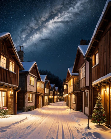 Beautiful night view of the old wooden houses in the village.の素材