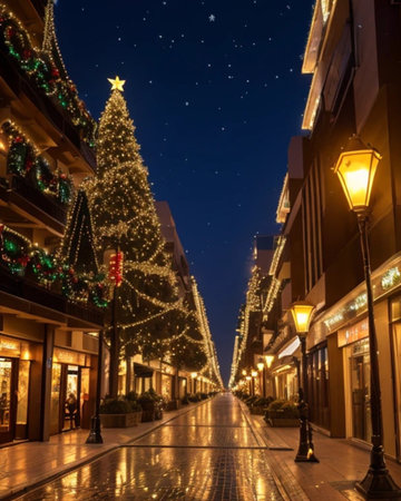 christmas tree in the street of the old townの素材