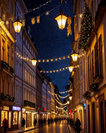 Old town street at nighの素材