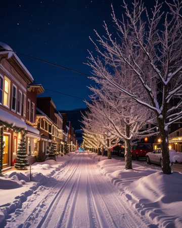 Beautiful night view of a snowy street in a small town.の素材
