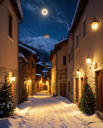 Mountain village  at night with full moon.の素材