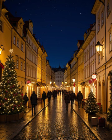 People walk on the main street of the old townの素材