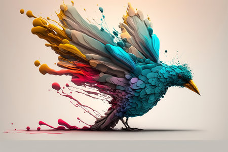 3d rendering of a colorful bird made of watercolor splashesの素材