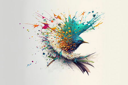 Abstract bird with colorful paint splashes on white background. 3D renderingの素材