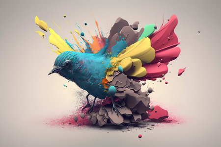 Colorful bird with abstract paint splashes on grey background. 3D renderingの素材