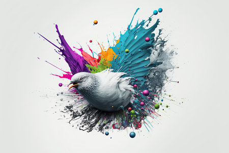 Pigeon with colorful splashes on white background. Mixed mediaの素材