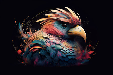 Colorful parrot with colorful feathers on black background, digital paintingの素材