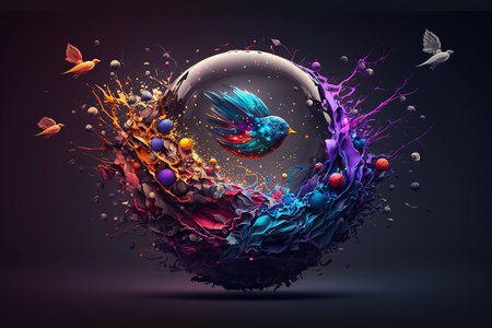 Abstract colorful background with flying birds and planet. 3D illustration.の素材