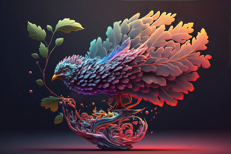 3d illustration of a bird in a vase with leaves.の素材