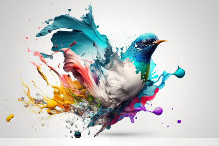 Colorful bird in abstract paint splashes as symbol of creativity and imaginationの素材