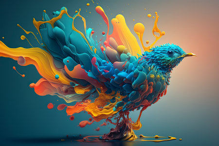 3D rendering of a colorful bird in the form of splashes.の素材