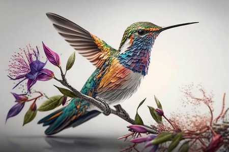 Hummingbird on a branch with flowers. Collage with bird.の素材