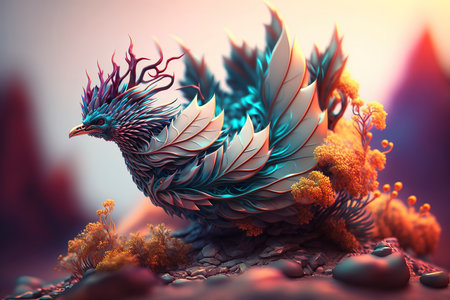 3D rendering of a fantasy dragon in a surreal space with flowersの素材